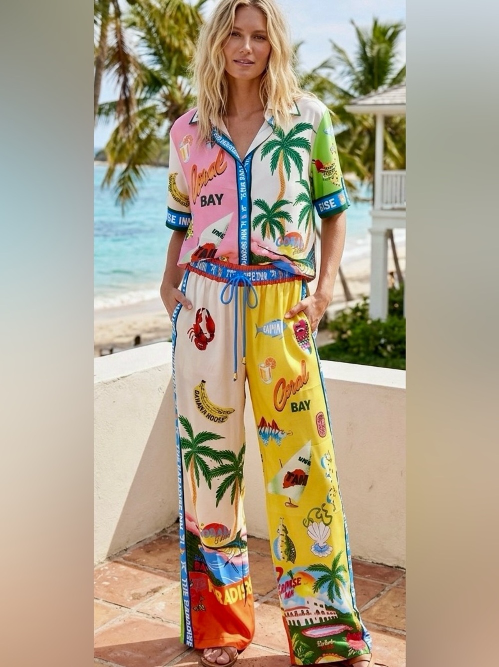 Tropical playful Print Wide-Leg 2 piece outfit Multicolor